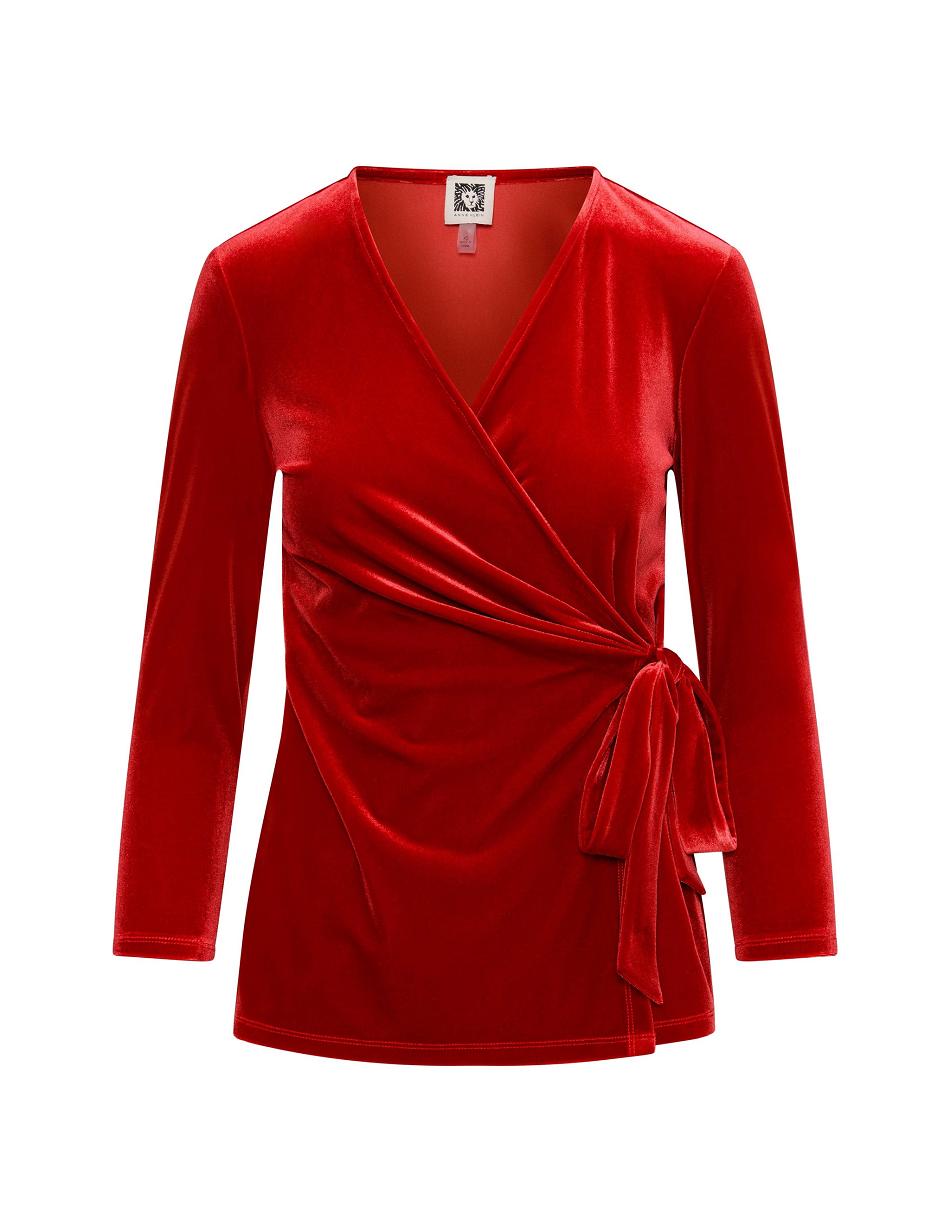 Red Anne Klein Velour Three-Quarter Sleeve Wrap Top- Clearance Tops | NZQAV60456