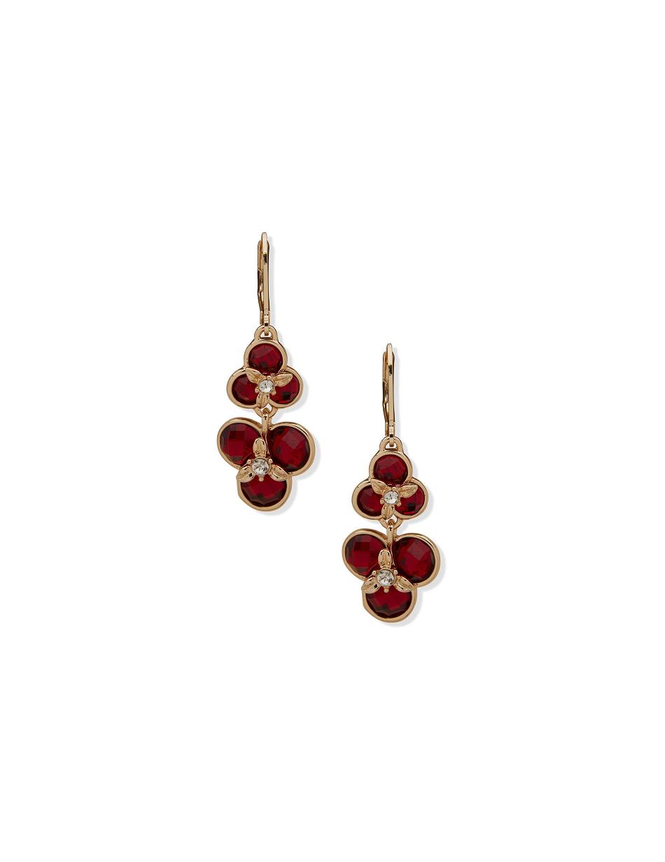 Red / Gold Anne Klein Flower Double Drop Siam Pierced Earrings | GNZUC30872