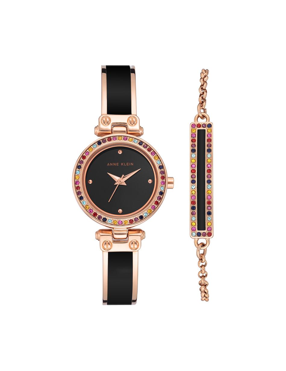 Rose / Gold / Black Anne Klein Watch and Bracelet with Premium Multicolored Crystals Sets | XNZBH55397