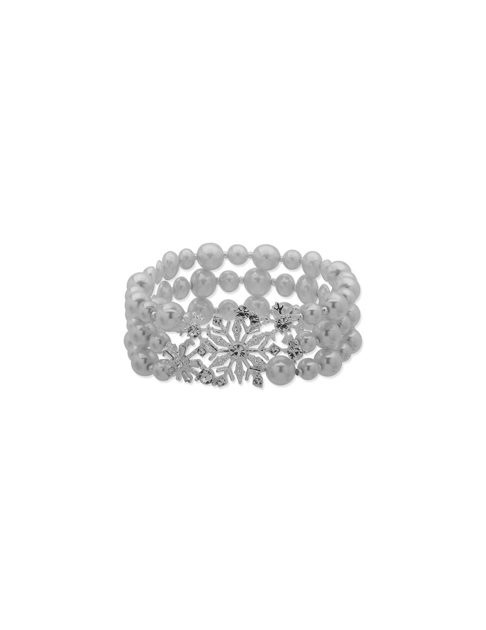 Silver Anne Klein 3 Row Snowflake Faux Pearl Stretch Bracelet | FNZUI10150