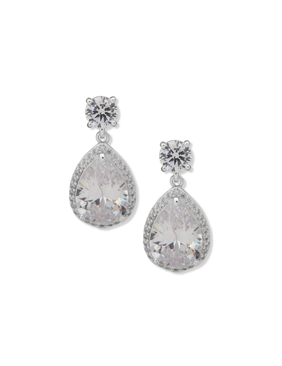 Silver Anne Klein Halo Pear Drop Studs Pierced Earrings | PNZER76144