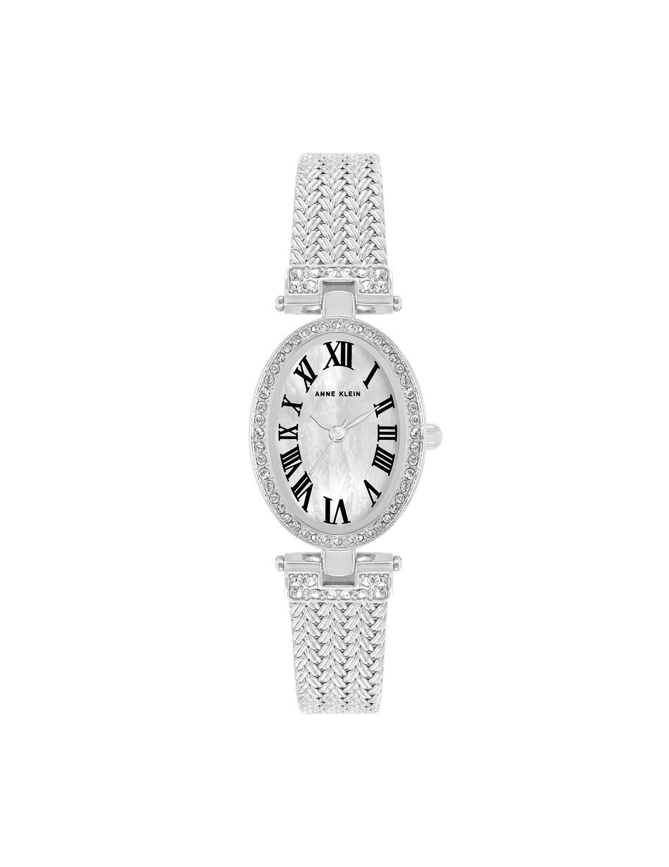 Silver Anne Klein Oval Crystal Accented Mesh Bracelet Watch Metals | NZEGJ49650