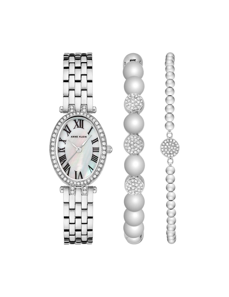 Silver Anne Klein Oval Watch and Bracelet Set with Premium Crystals Metals | NZICD16795