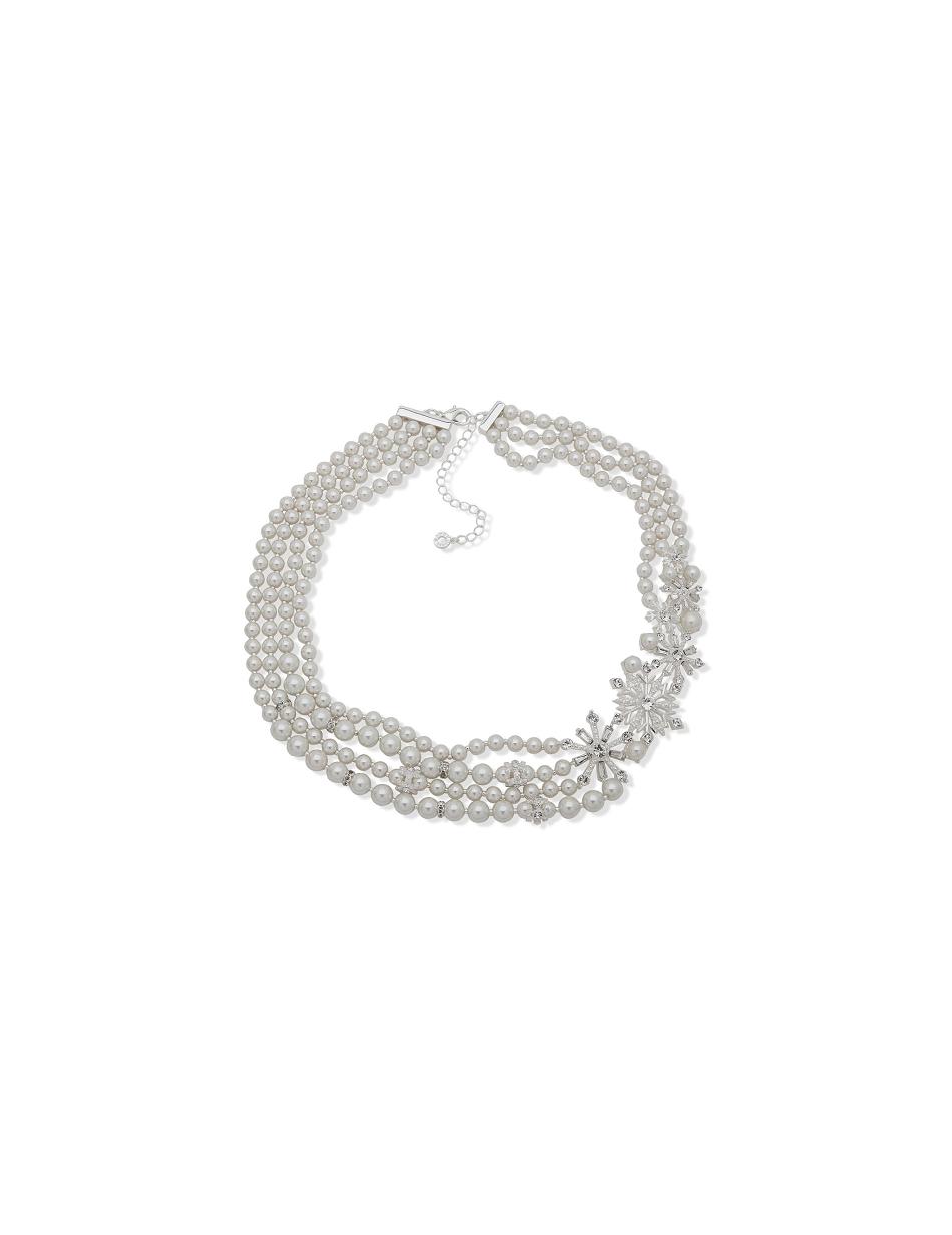 Silver Anne Klein Snowflake Faux Pearl Multirow Necklace | LNZSX25811