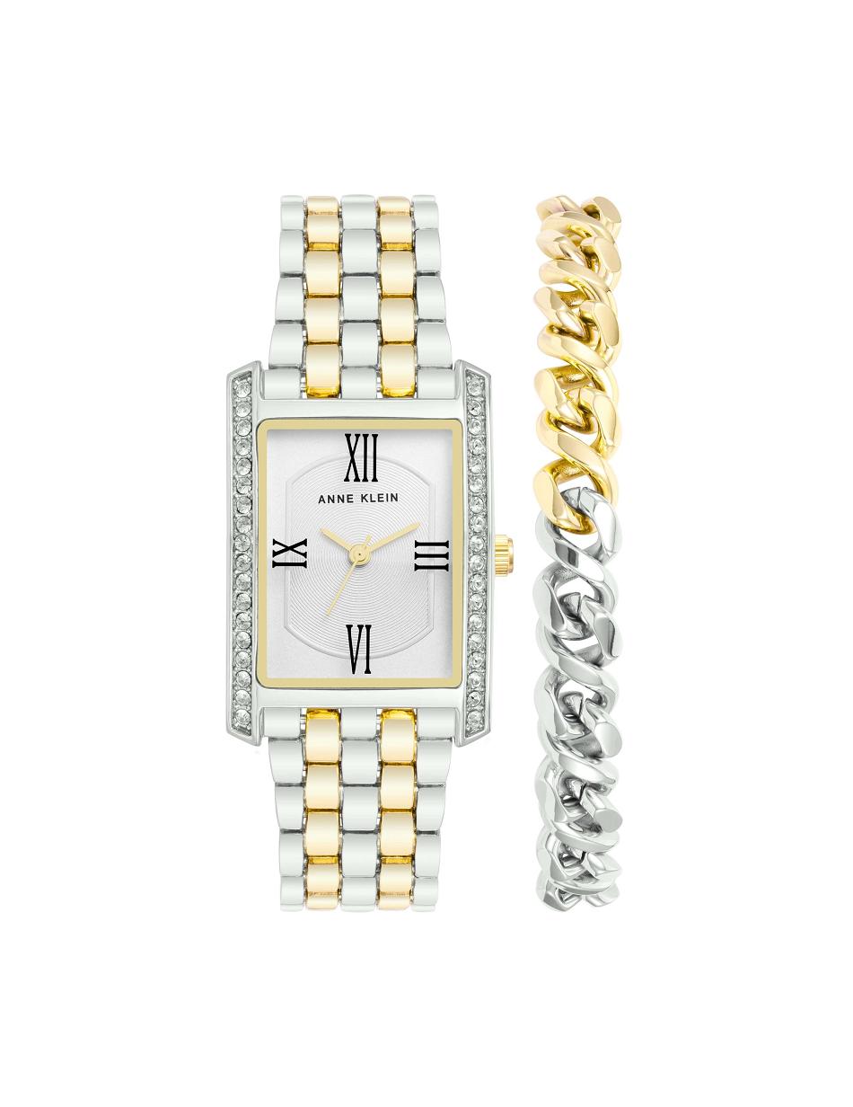 Silver / Gold Anne Klein Rectangular Crystal Accented Watch Set with Chain Bracelet Metals | XNZBH37125