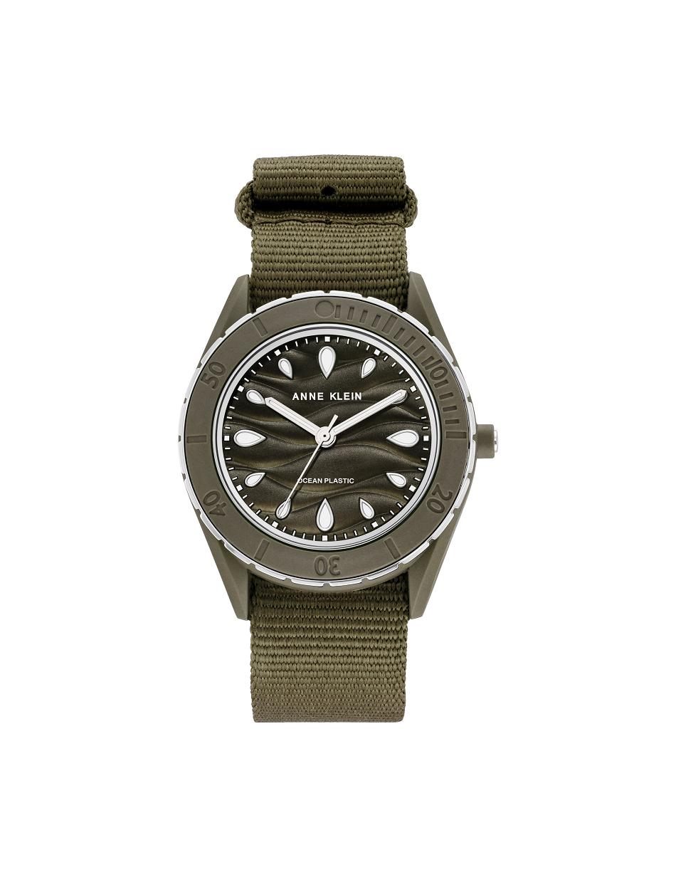 Silver / Olive / Green Anne Klein Solar Recycled Ocean Plastic Woven Strap Watch Considered | MNZFT52255