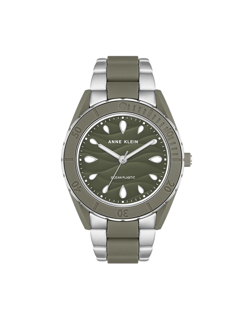 Silver / Olive / Green Anne Klein Solar Recycled Ocean Plastic Bracelet Watch Considered | NZCIF28904