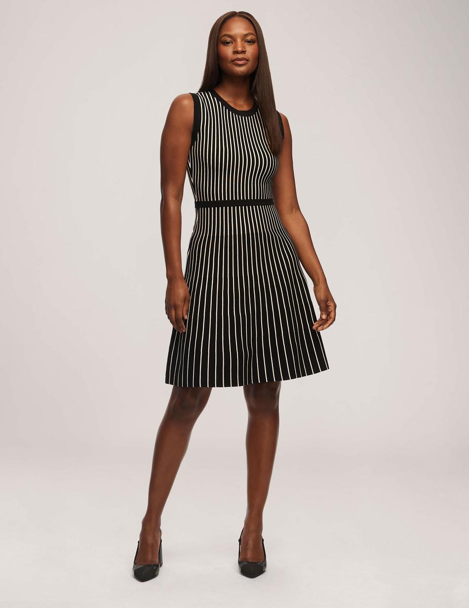 Stripes / Black / White Anne Klein Vertical Stripe Fit And Flare Dress | ENZHC10955