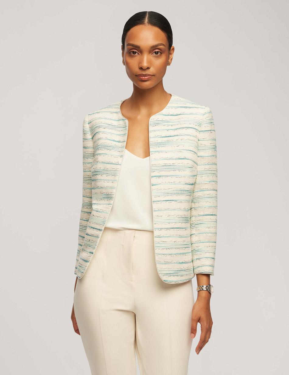 Stripes / Blue Anne Klein Stripe Tweed Piped Cardigan Blazers | NZNZX63849