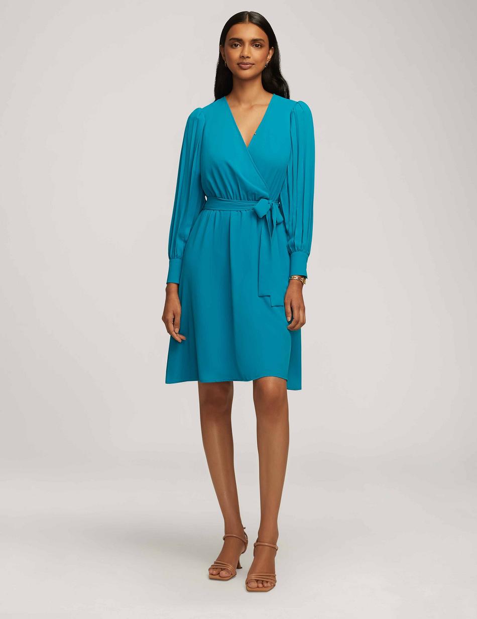 Turquoise Anne Klein Pleated Sleeve Dress | ENZHC30696