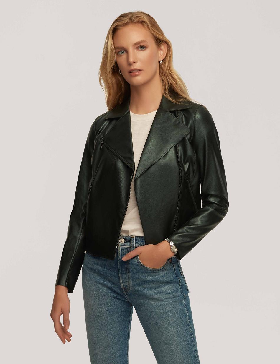 Turquoise Anne Klein Vegan Leather Zip Front Moto Blazers | XNZGW98297