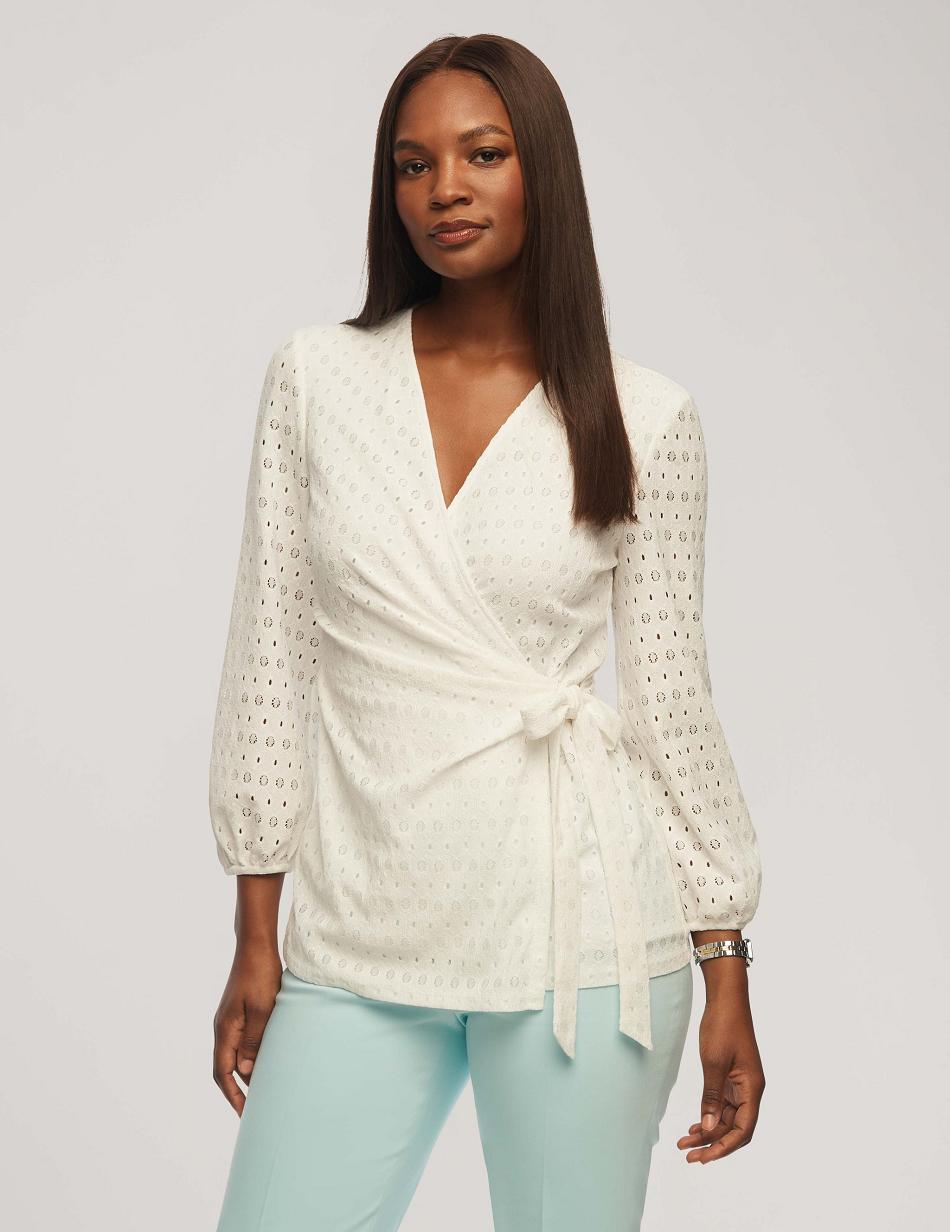 White Anne Klein Dot Lace Blouson Sleeve Wrap Top Tops | NZNZX83628