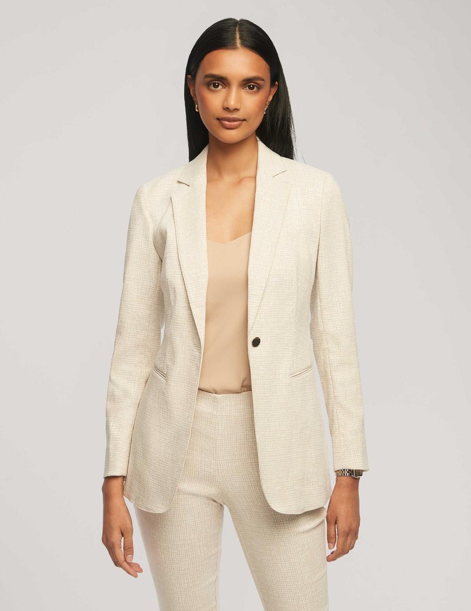 White Anne Klein Grid Tech Stretch One Button Blazers | YNZVQ11688