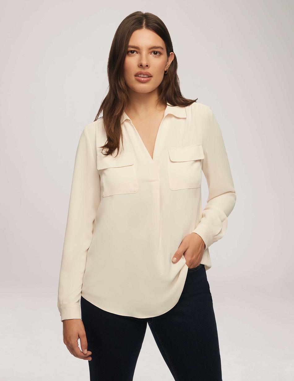 White Anne Klein Long Sleeve Shirt With Pocket Tops | NZCIF47027