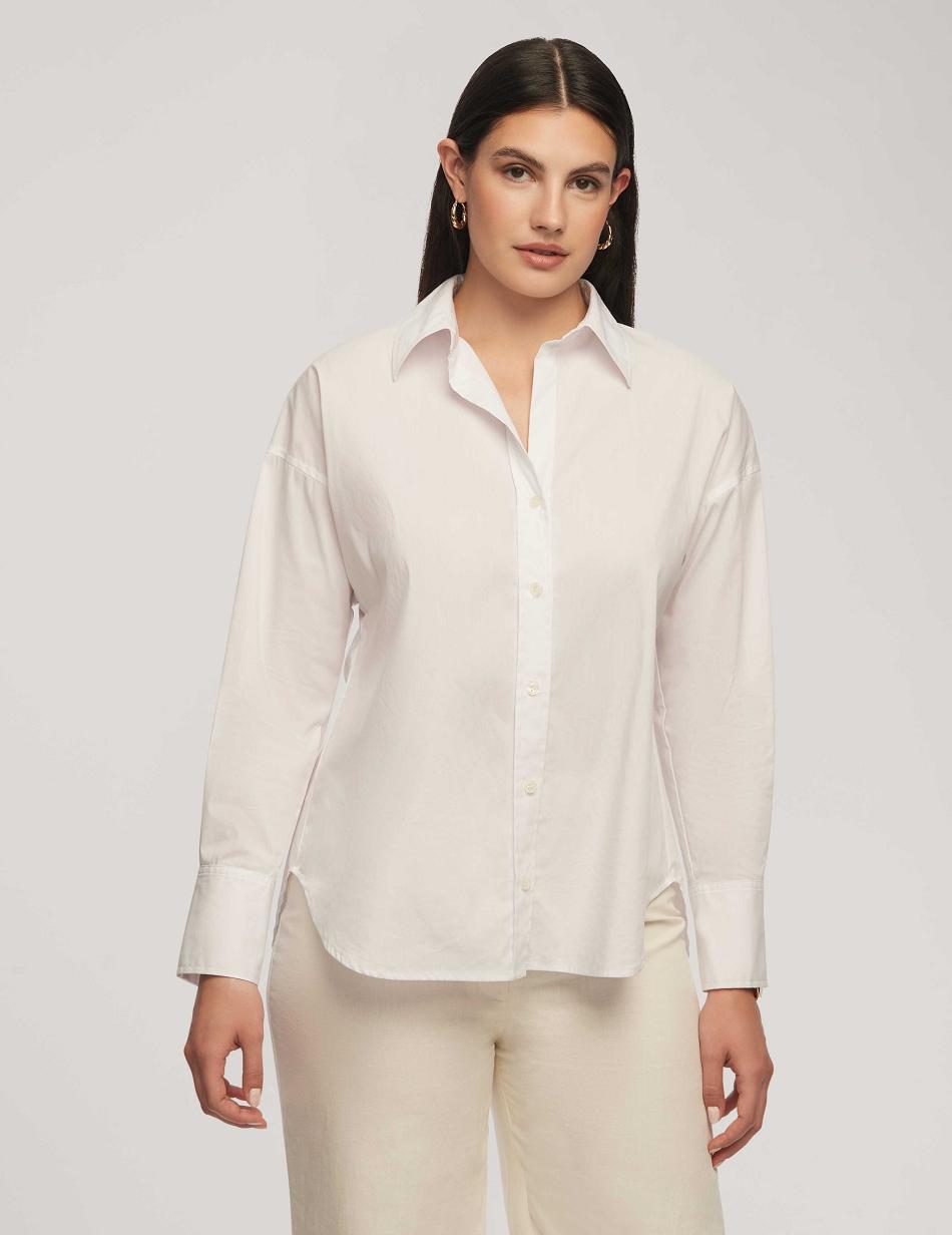 White Anne Klein Poplin Button-Down Long Sleeve Blouse Tops | TNZPQ33910