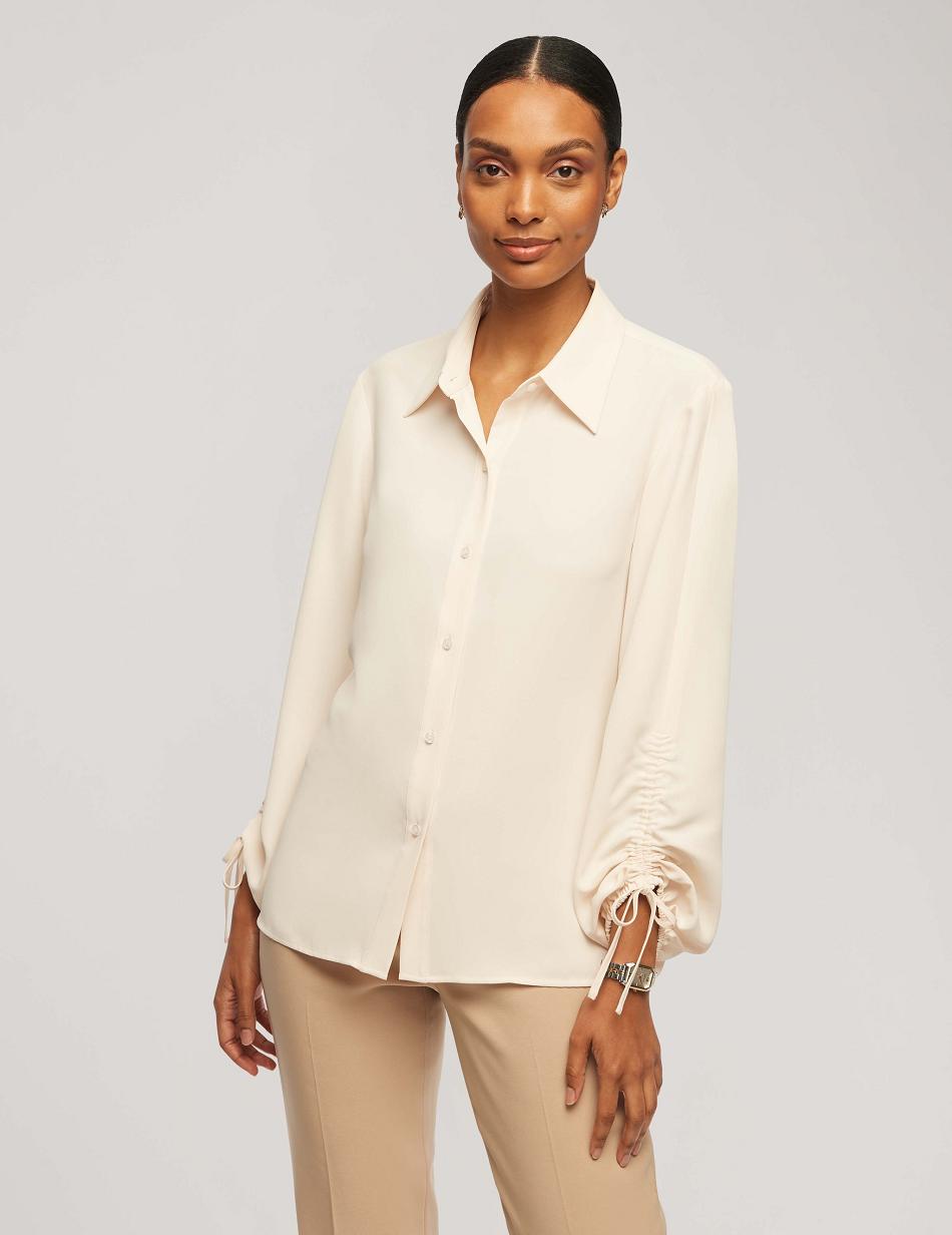 White Anne Klein Ruched Sleeve Button-Down Blouse Tops | FNZUI11200