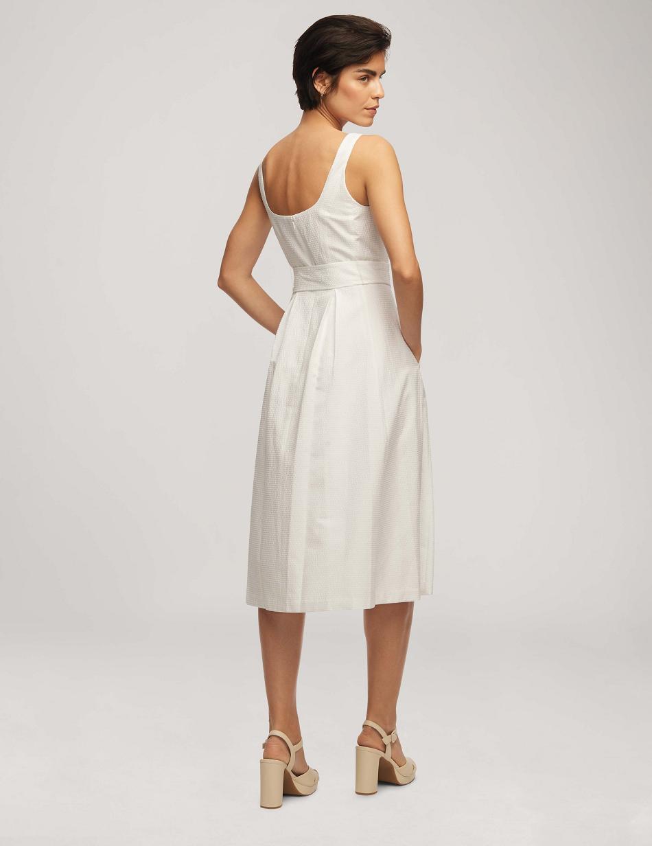 White Anne Klein Seersucker Topsitch Midi With Pleats Dress | MNZHR73450