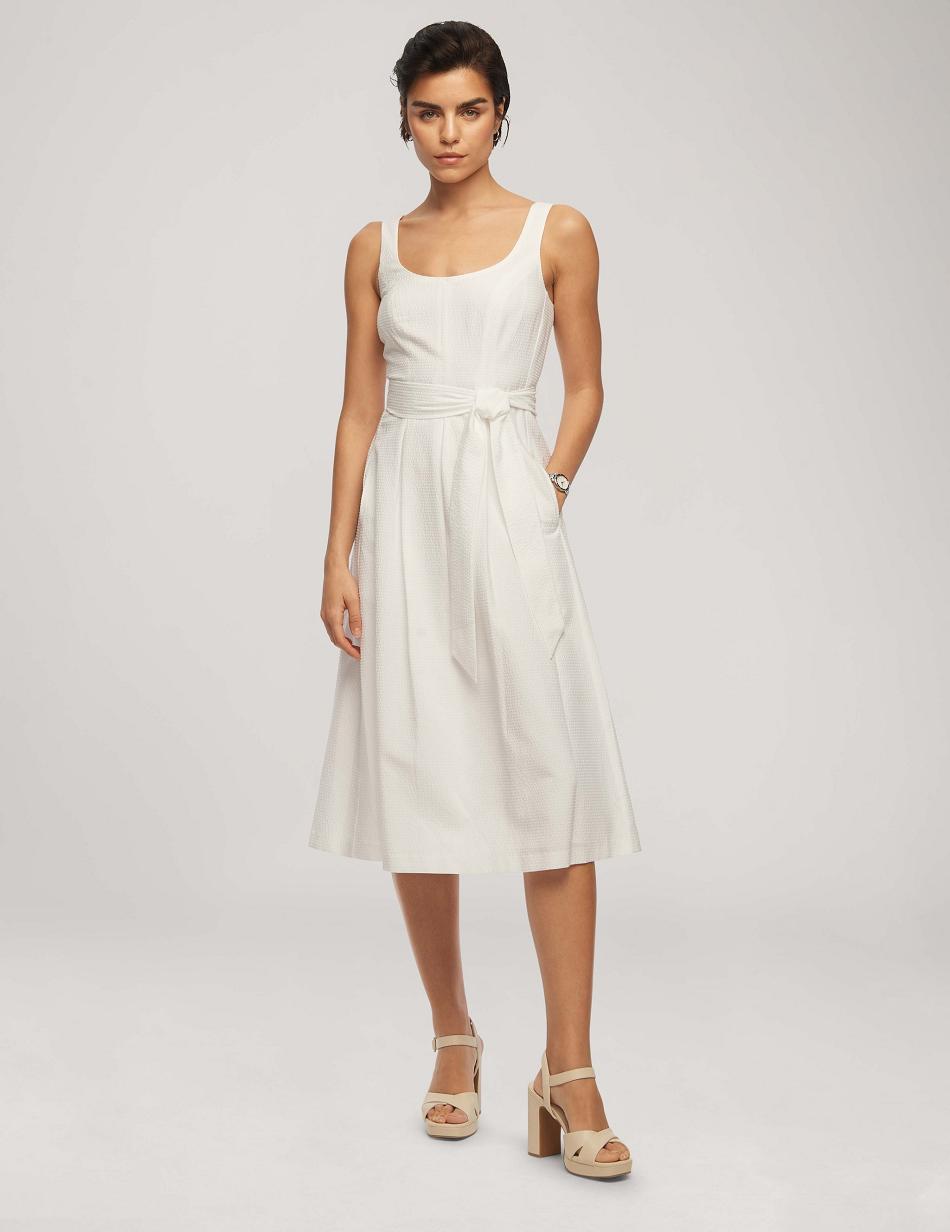 White Anne Klein Seersucker Topsitch Midi With Pleats Dress | MNZHR73450