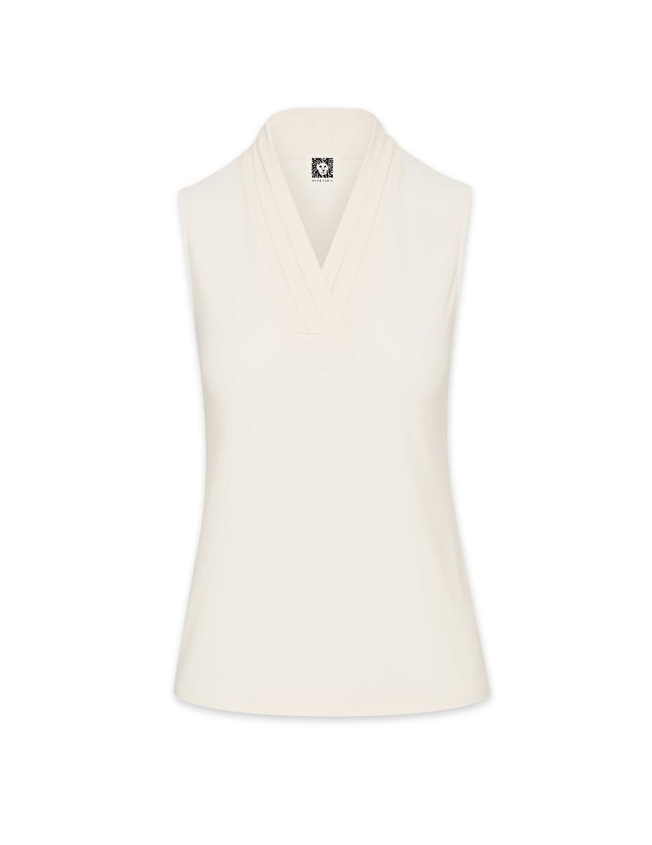 White Anne Klein V-Neck Triple Pleat Top Petite | MNZFT15537