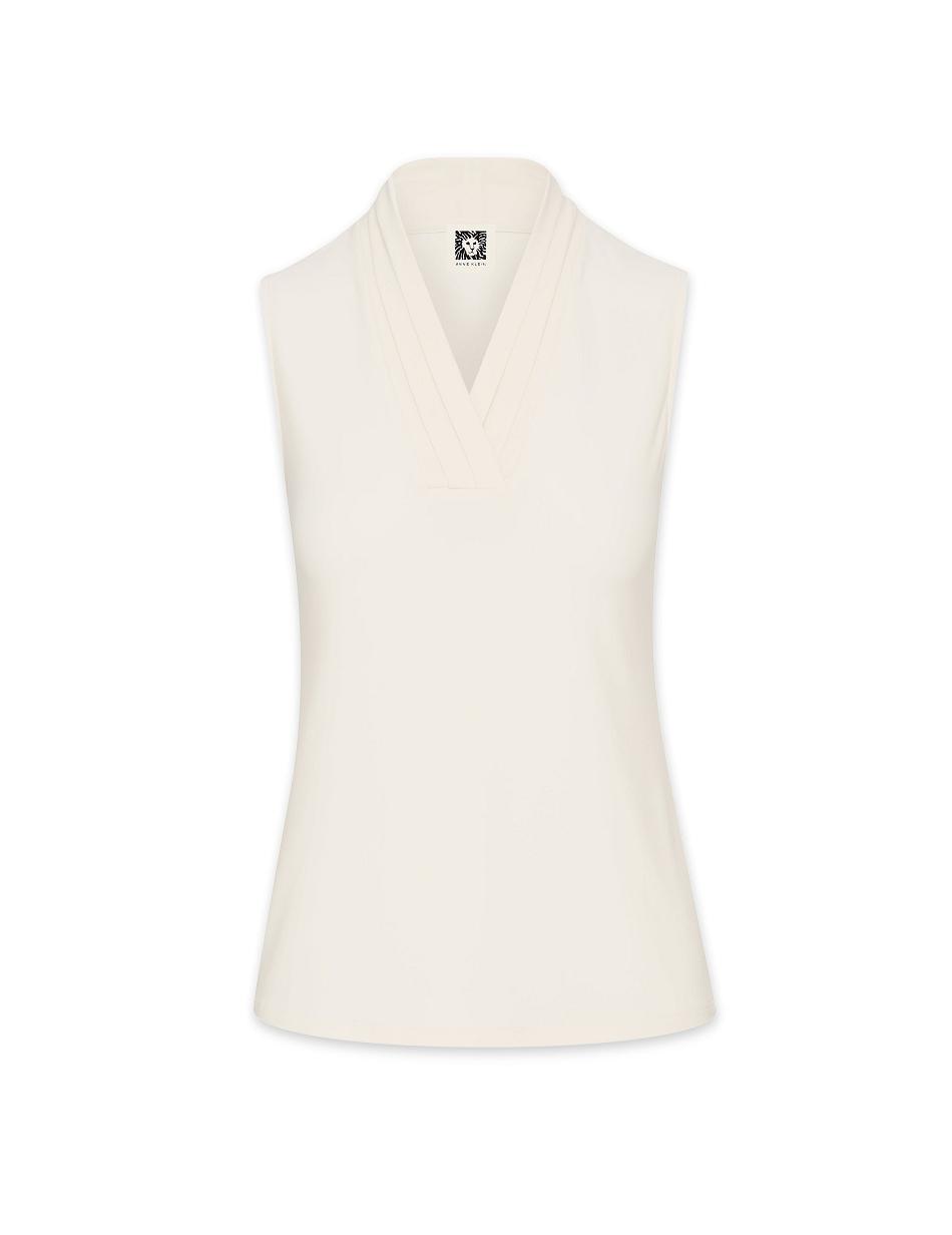 White Anne Klein V-Neck Triple Pleat Top Tops | NZJZR72829