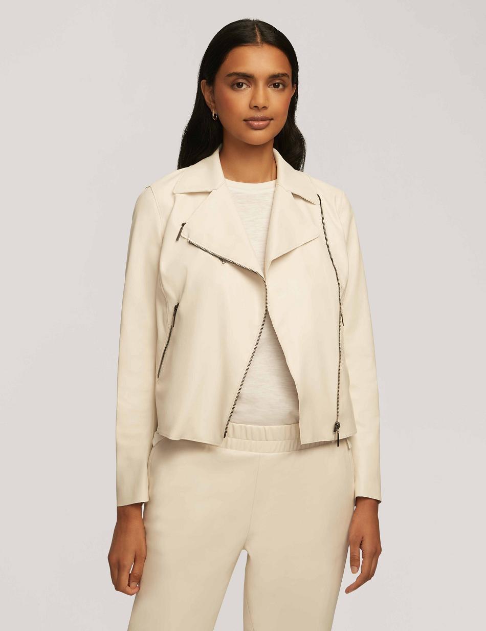 White Anne Klein Vegan Leather Zip Front Moto Blazers | LNZSX49473