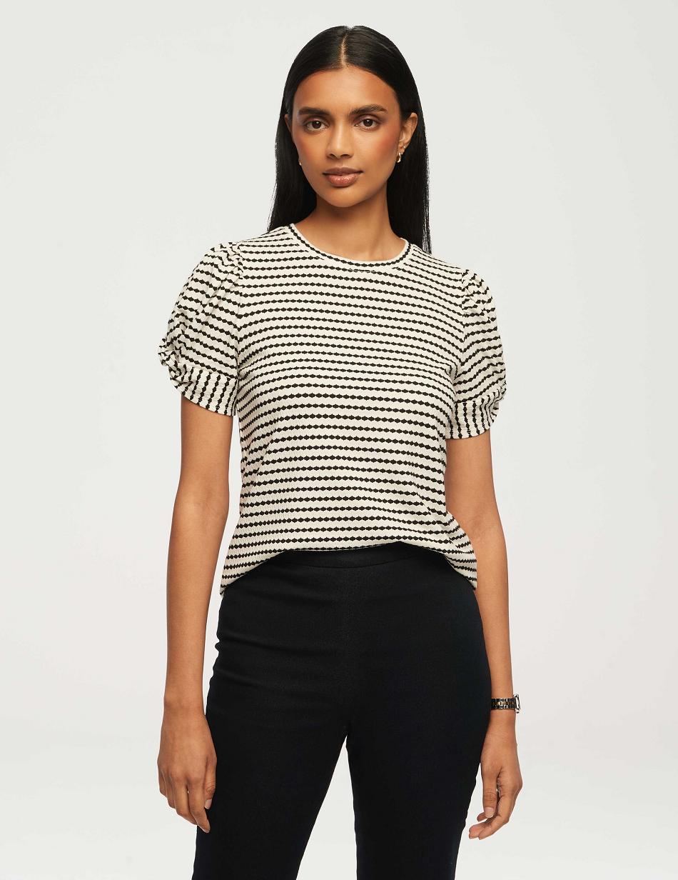 White / Black Anne Klein Arabesque Jacquard Twisted Puff Sleeve Top Tops | LNZTR67681