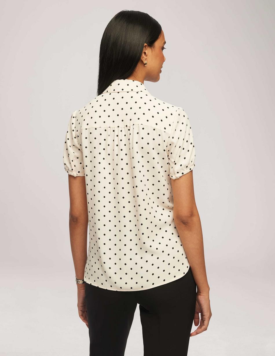 White / Black Anne Klein Printed Short Sleeve Button-Up Blouse Tops | TNZPQ85913