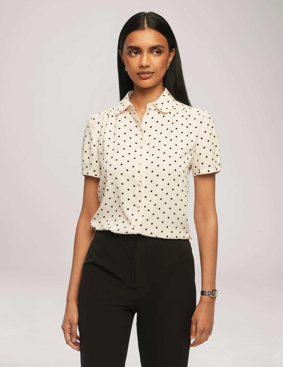 White / Black Anne Klein Printed Short Sleeve Button-Up Blouse Tops | TNZPQ85913