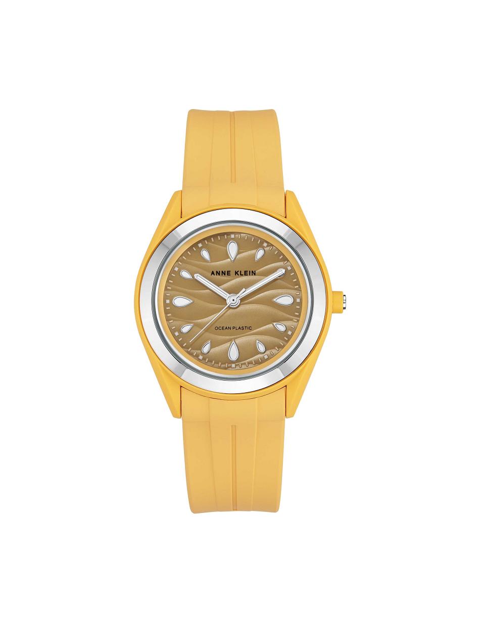 Yellow / Silver Anne Klein Considered Solar Recycled Strap Ocean Plastic Watches | NZQCS14473